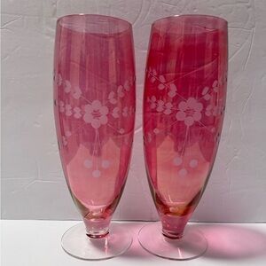 Pair of Vintage Etched Iridescent Cranberry Blown Glass Large Footed Vases